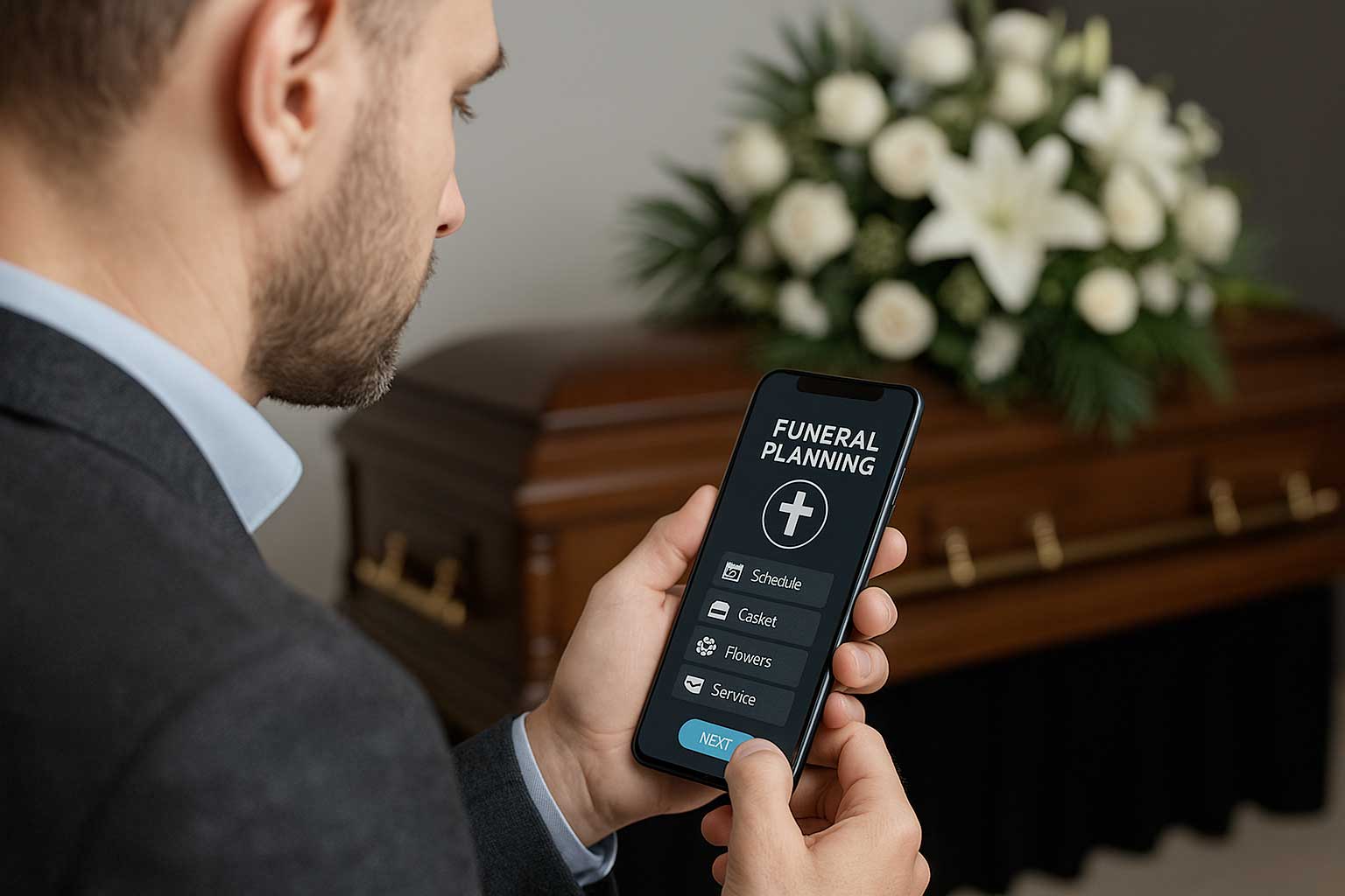 Man using funeral planning app on smartphone near casket with floral arrangement in background