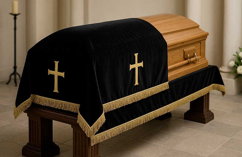 Velvet coffin cover with cross embroidery in the funeral chapel