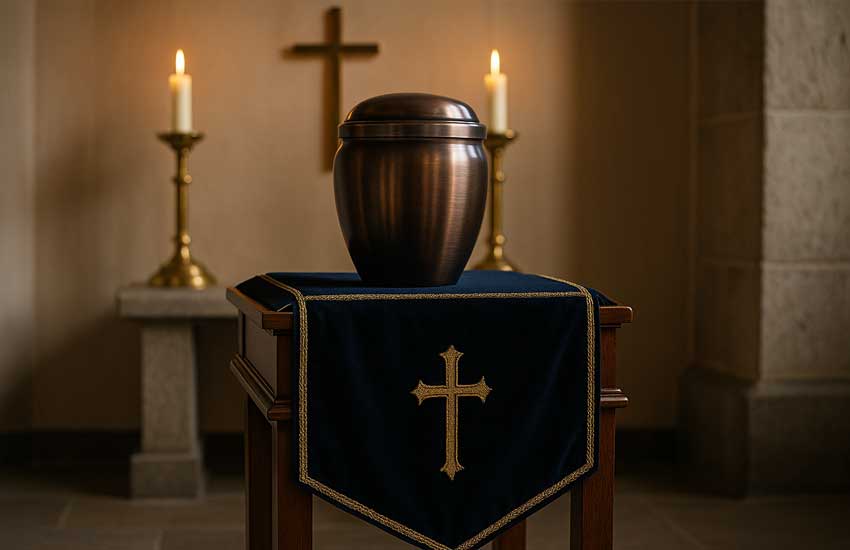 Classic funeral urn in the chapel