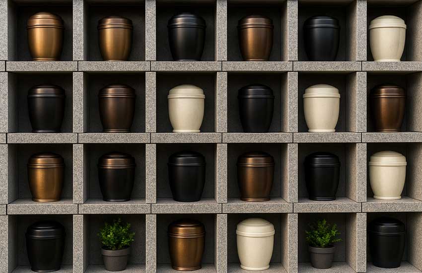 Columbarium in the cemetery with funeral urns