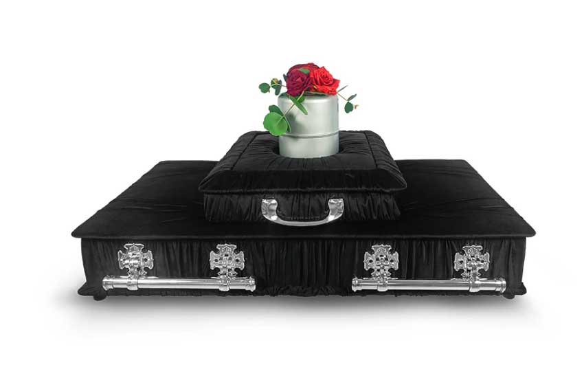 Black urn carrier with large base.