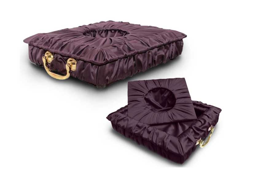 Padded burgundy urn carrier with satin finish and gold-colored handles, shown open and closed