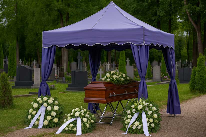 Tent made of impregnated polyester fabric, coffin, wreaths
