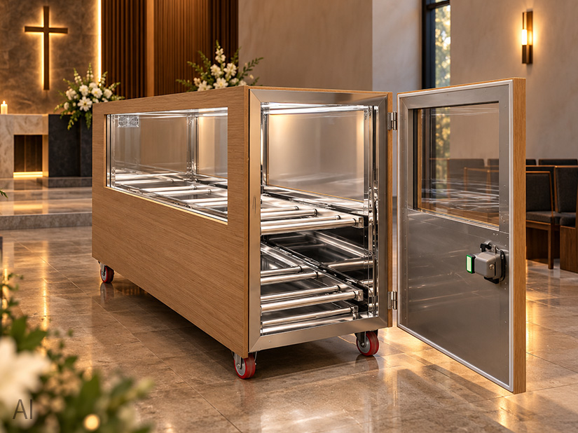 Wooden refrigerated catafalque in chapel